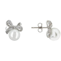 Bow ribbon pearl stud earrings showing stud and backing with round white pearl