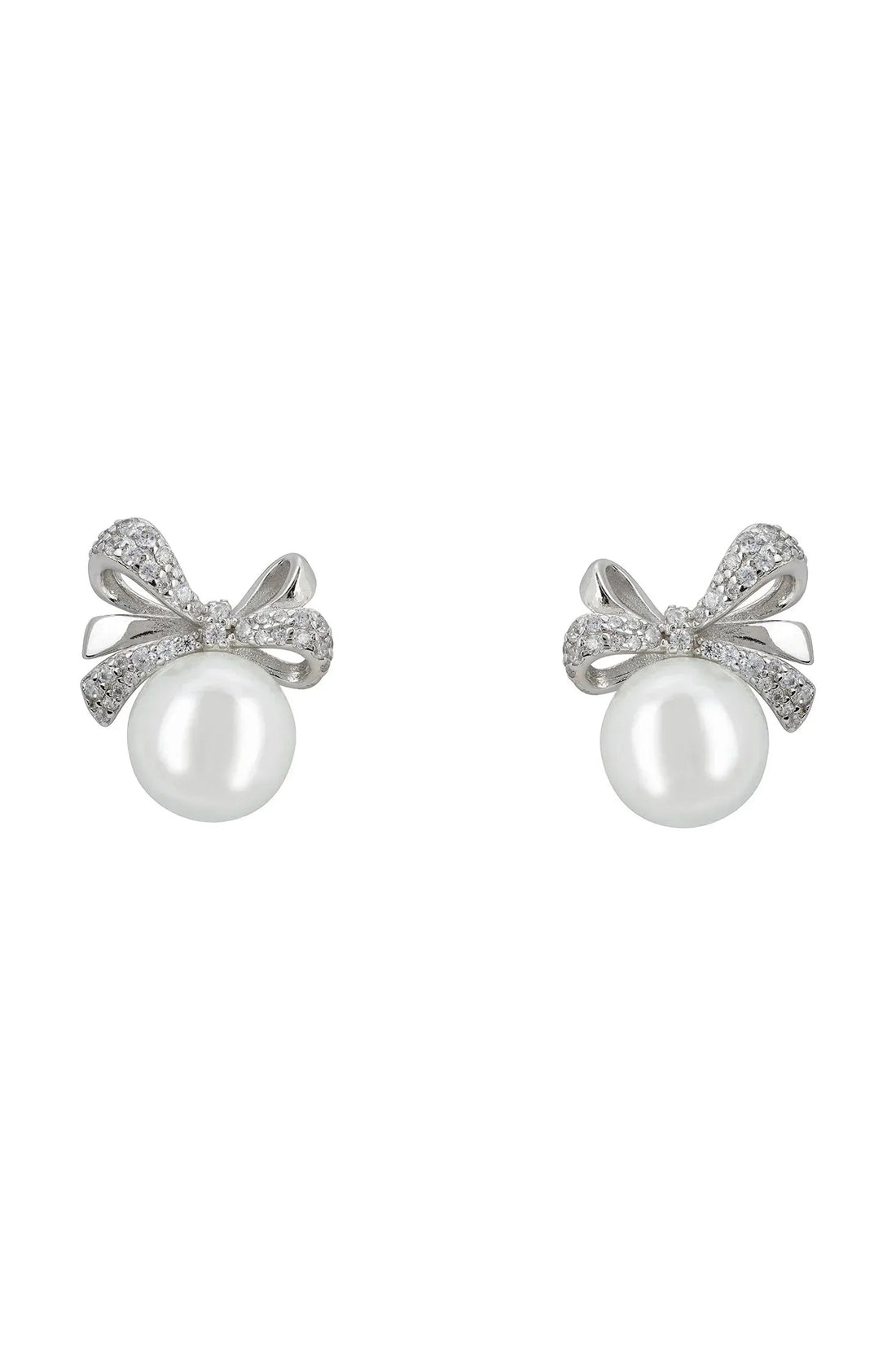 Silver bow ribbon pearl stud earrings with glittery bow and round white pearl
