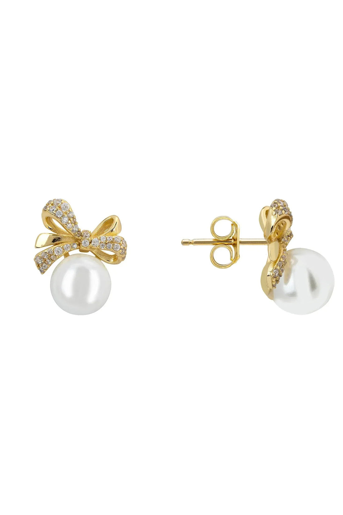 Gold ribbon bow pearl stud earrings with crystal bow and butterfly clasp backing
