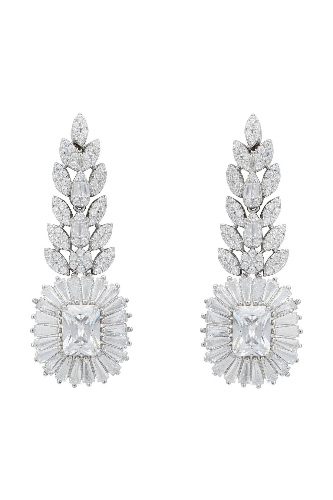 Silver gemstone drop earrings with moissanite leaf details and square crystal pendants