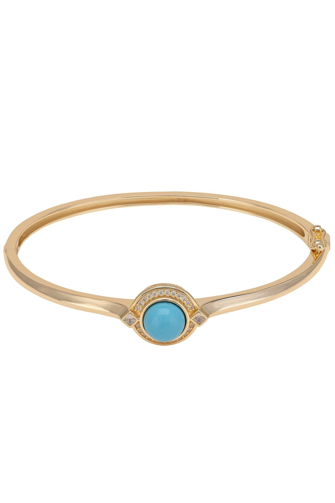 Gold cuff bangle with turquoise oval and round pave detail