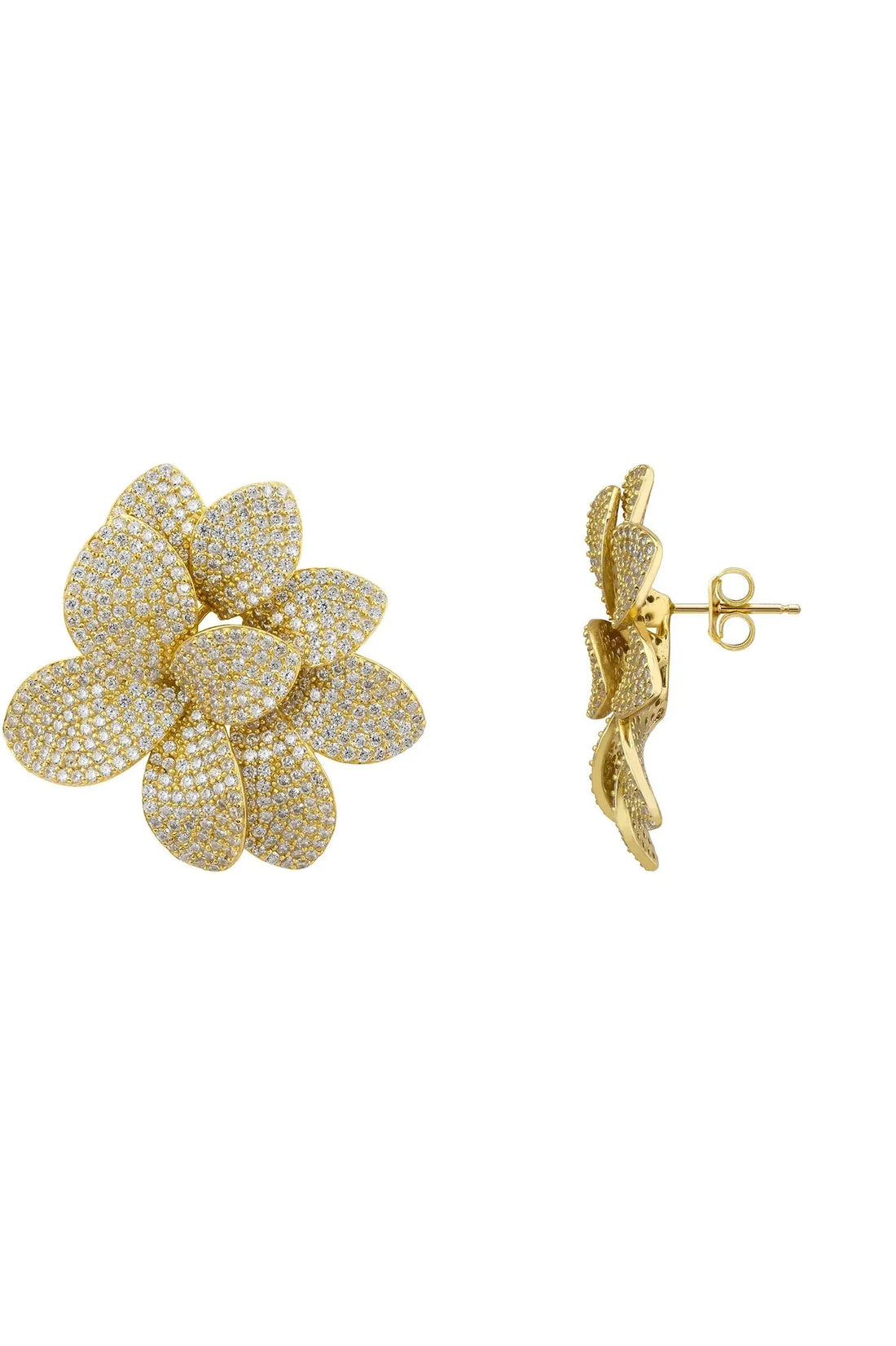 Gold flower stud earrings with butterfly back, side view