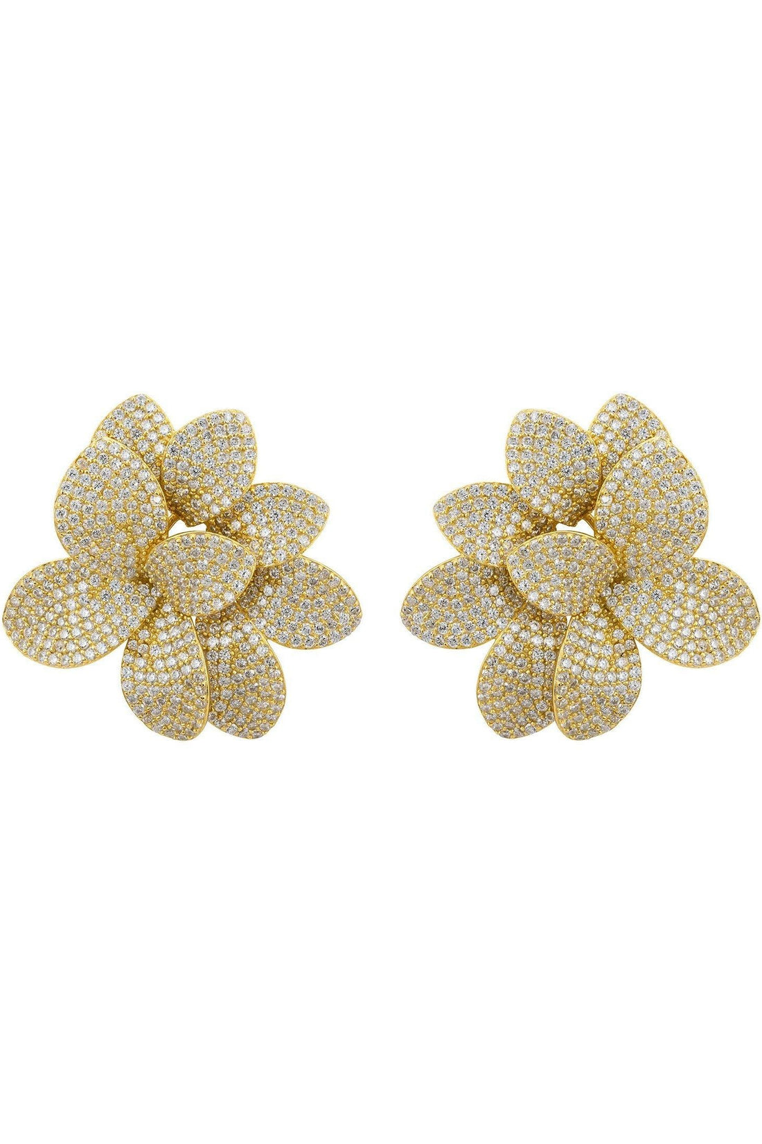 Gold crystal flower stud earrings, five-petal cluster