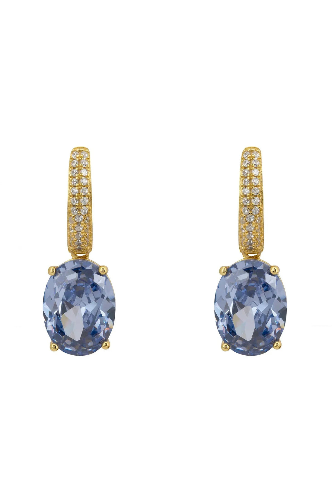 Gold oval drop earrings with tanzanite stones and pavé-set hoops