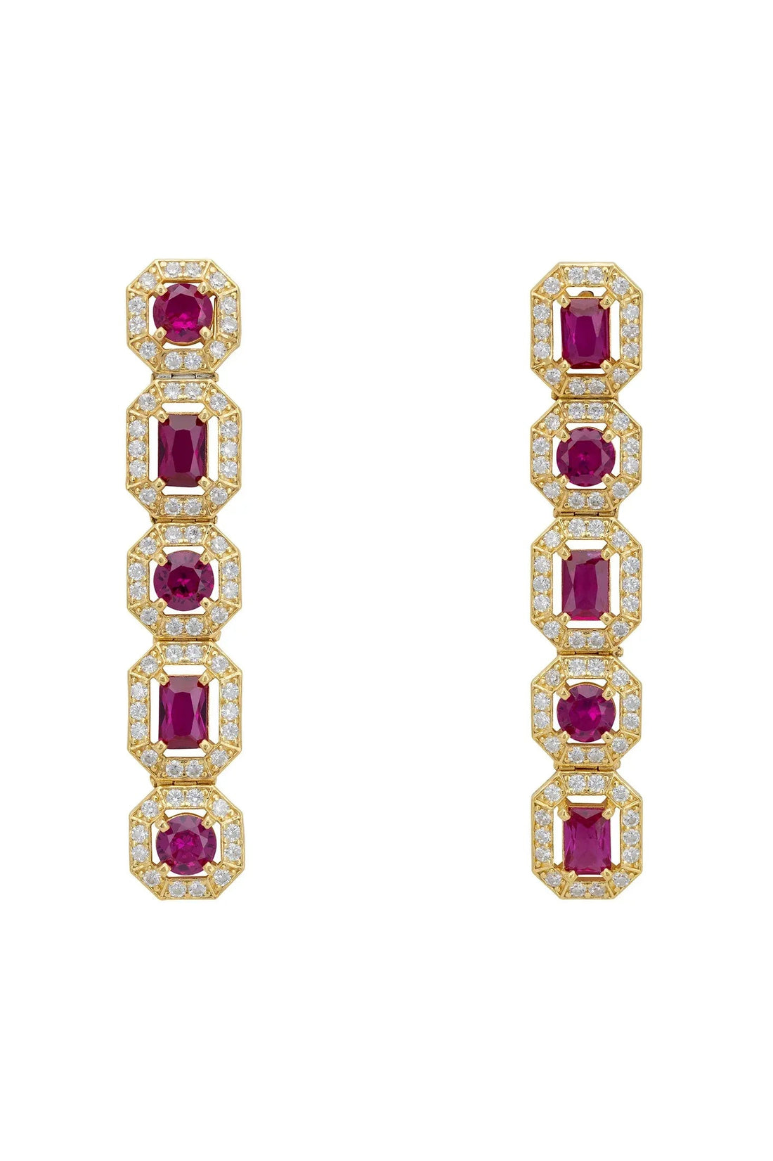 Gold-tone ruby gemstone drop earrings, five bezel-set square settings