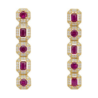 Gold-tone ruby gemstone drop earrings, five bezel-set square settings