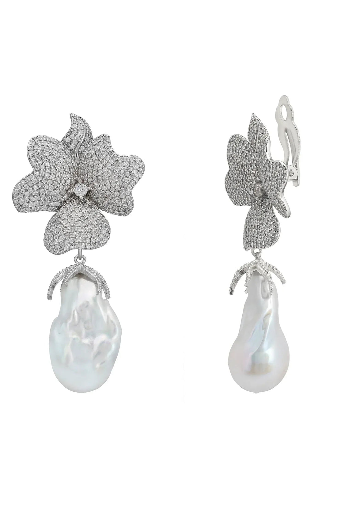 Baroque Pearl White Flower Clip On Drop Earrings Silver-2