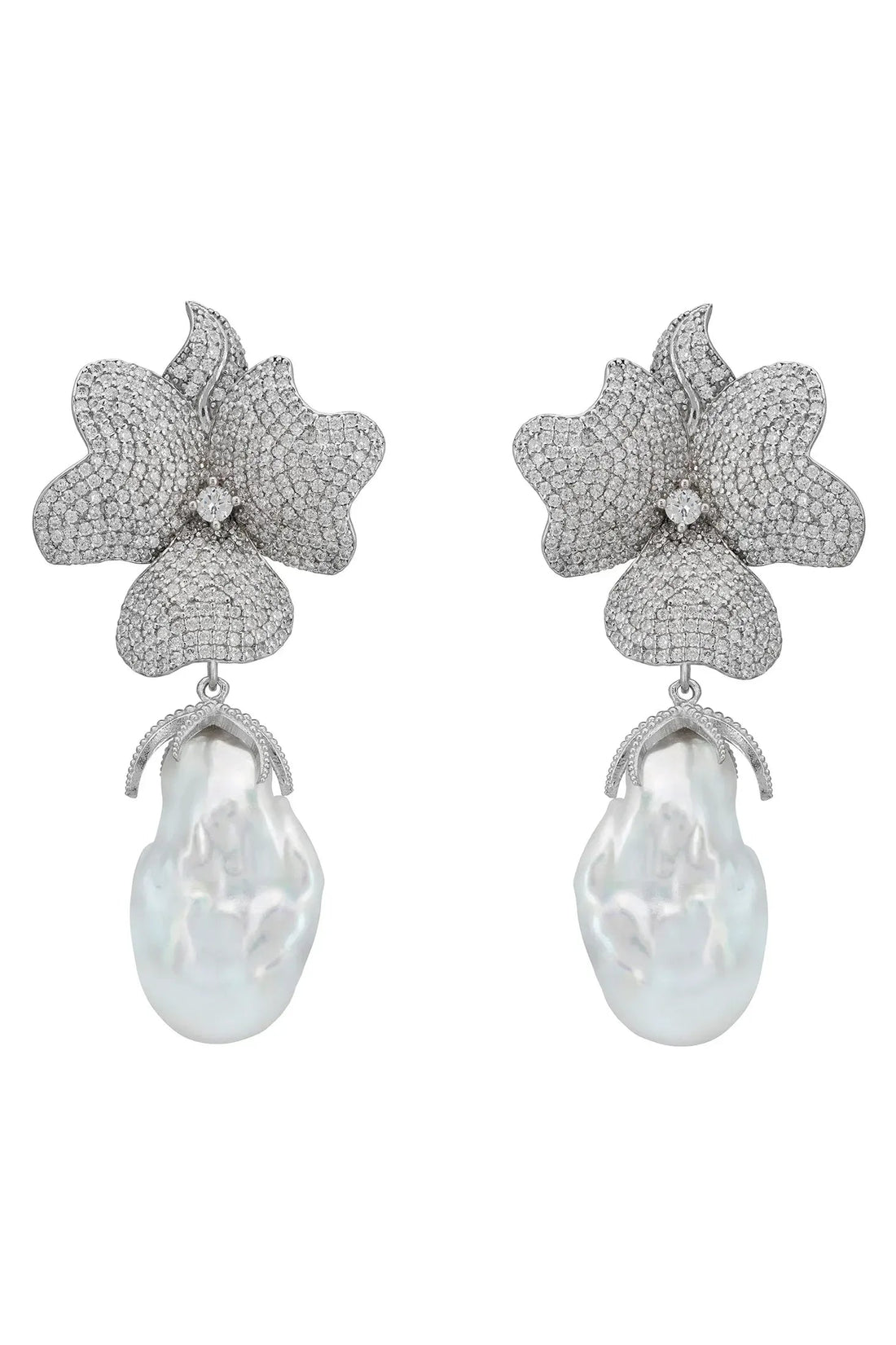 Baroque Pearl White Flower Clip On Drop Earrings Silver-0