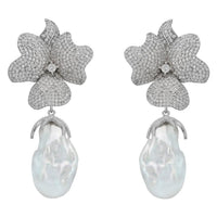 Baroque Pearl White Flower Clip On Drop Earrings Silver-0