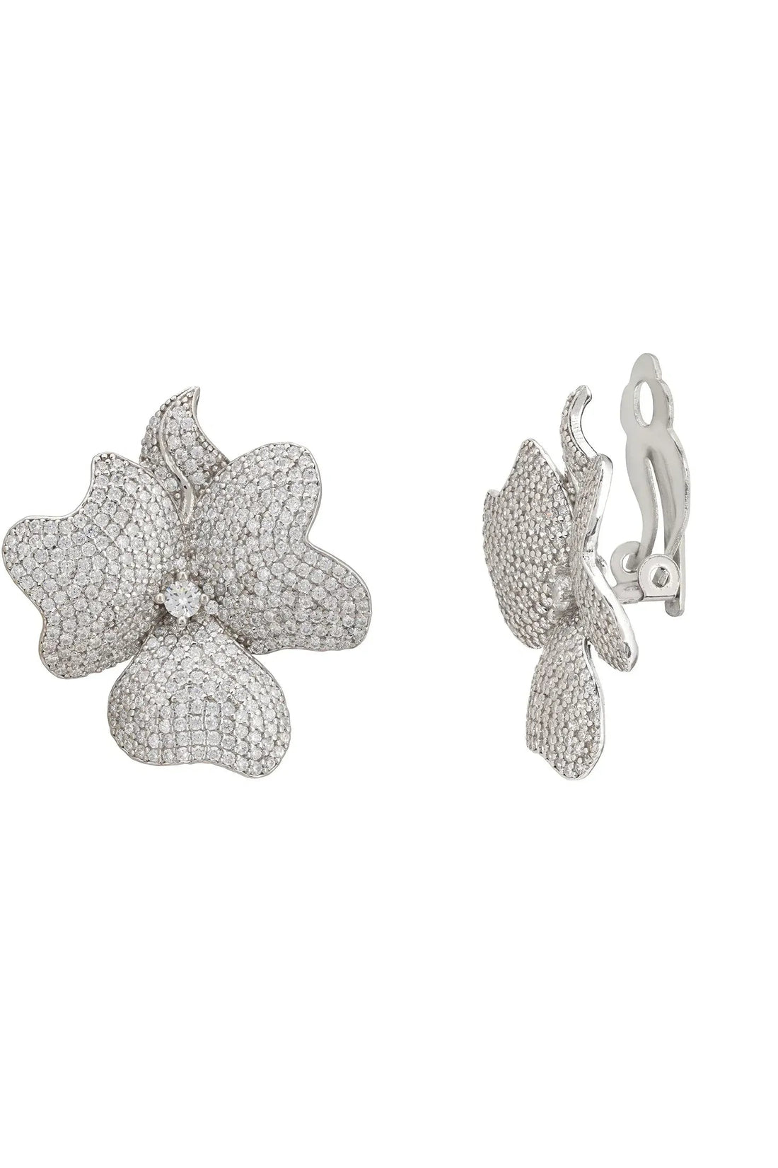 Flower Large Stud Clip On Earrings Silver-2