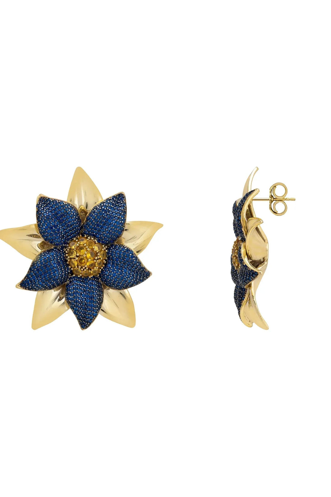 Blue daisy flower stud earrings with gold-tone backing and post detail.