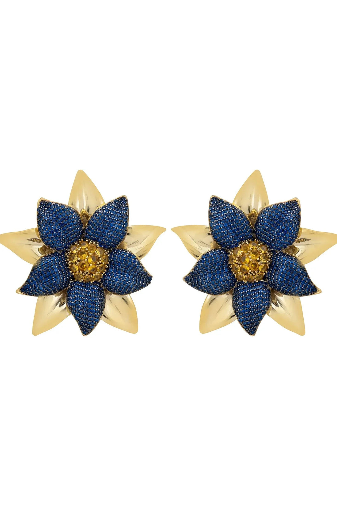 Large blue daisy flower stud earrings with gold-tone backing and textured center.