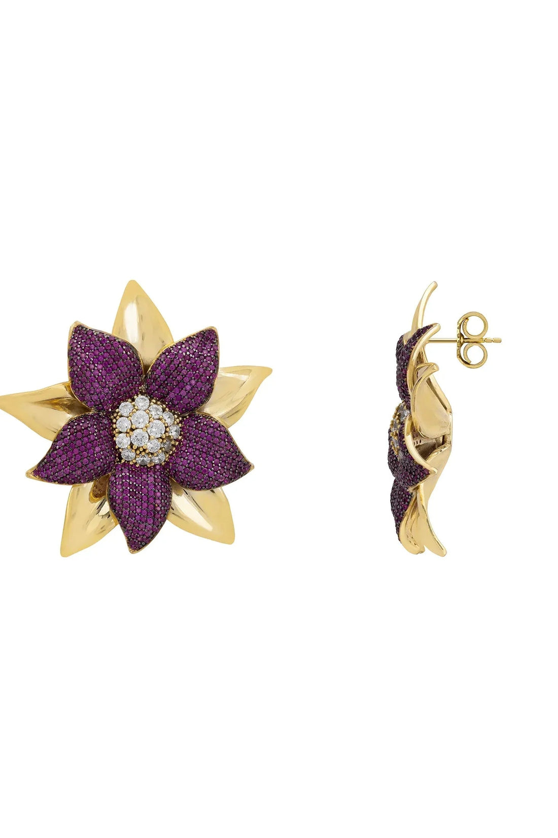 Marguerite Daisy Flower Large Stud Earrings Ruby Gold-2