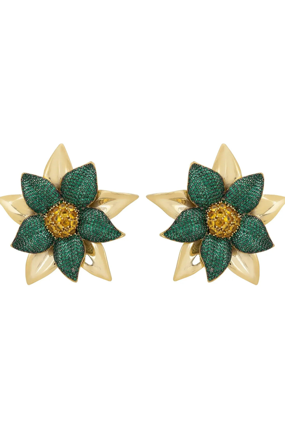 Marguerite Daisy Flower Large Stud Earrings Emerald Gold-0