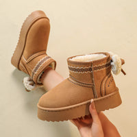 Camel suede platform boots with round toe, side stitching, shearling trim, lace ties