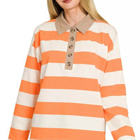 Orange and white striped long-sleeve polo top with taupe contrast collar and button placket