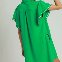 Green mini dress with half-zip placket and ruffled flared sleeves