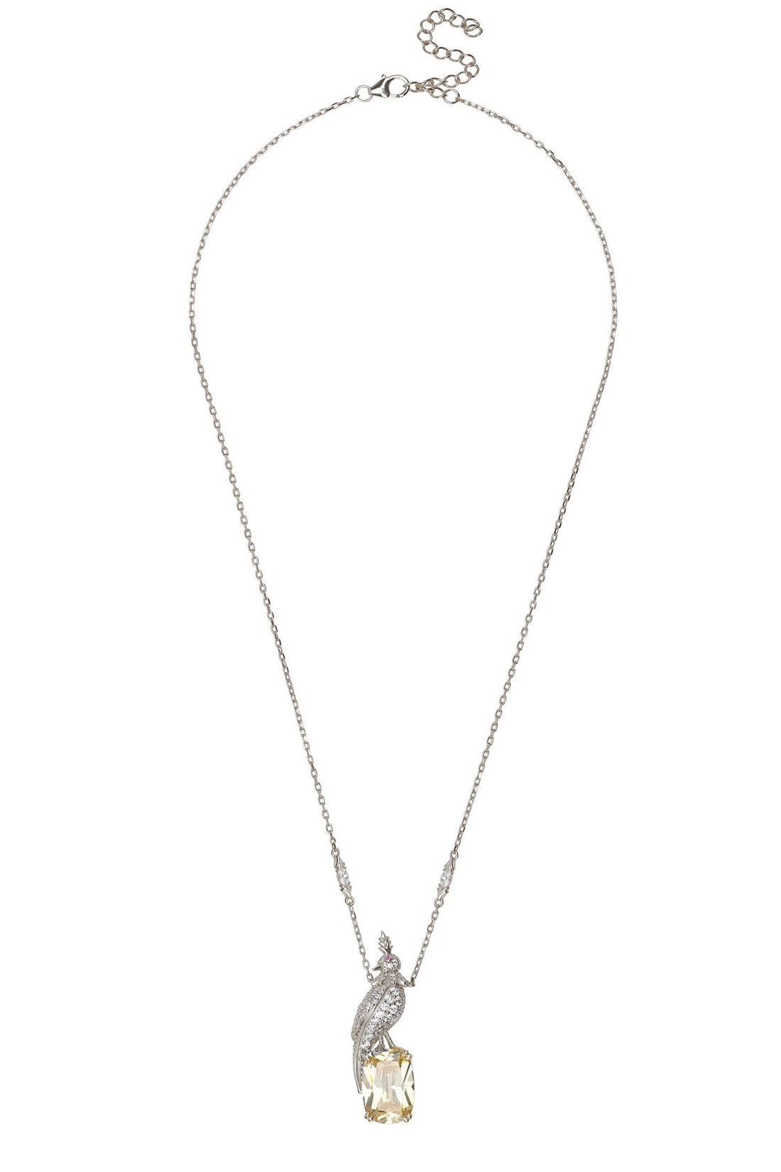 Silver bird pendant necklace with oval yellow gemstone on a fine chain