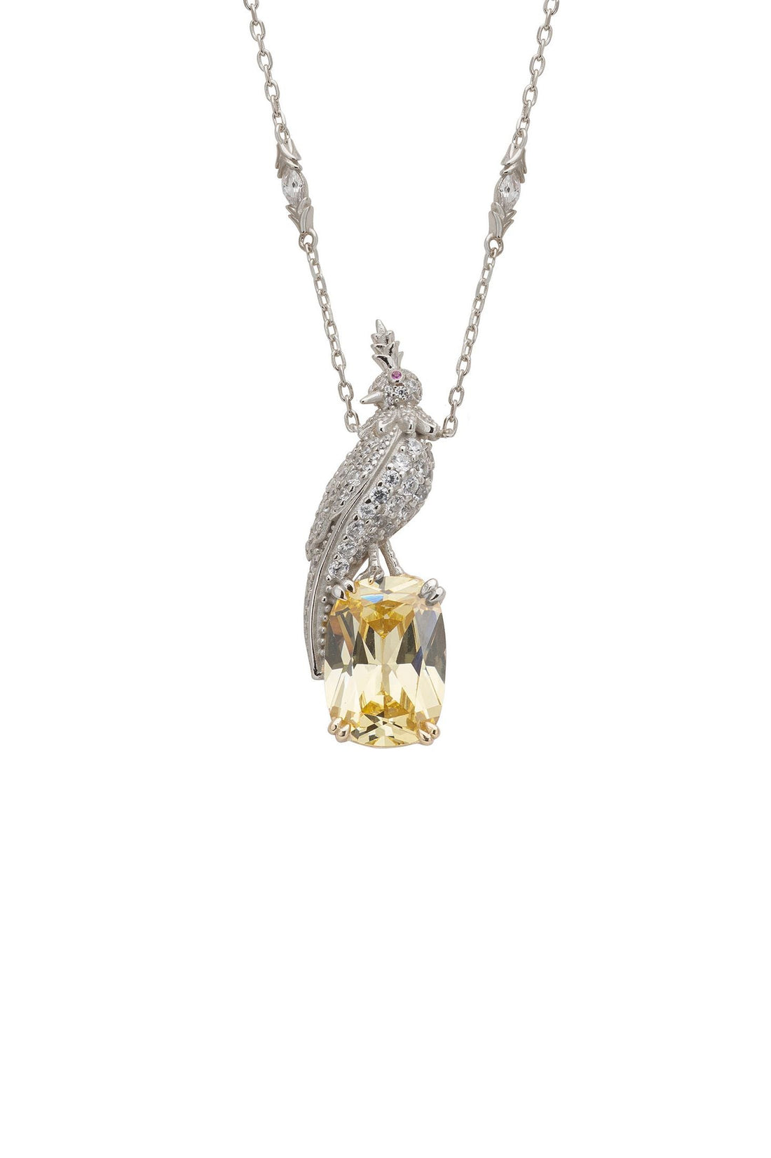Silver love bird pendant necklace with yellow topaz gemstone