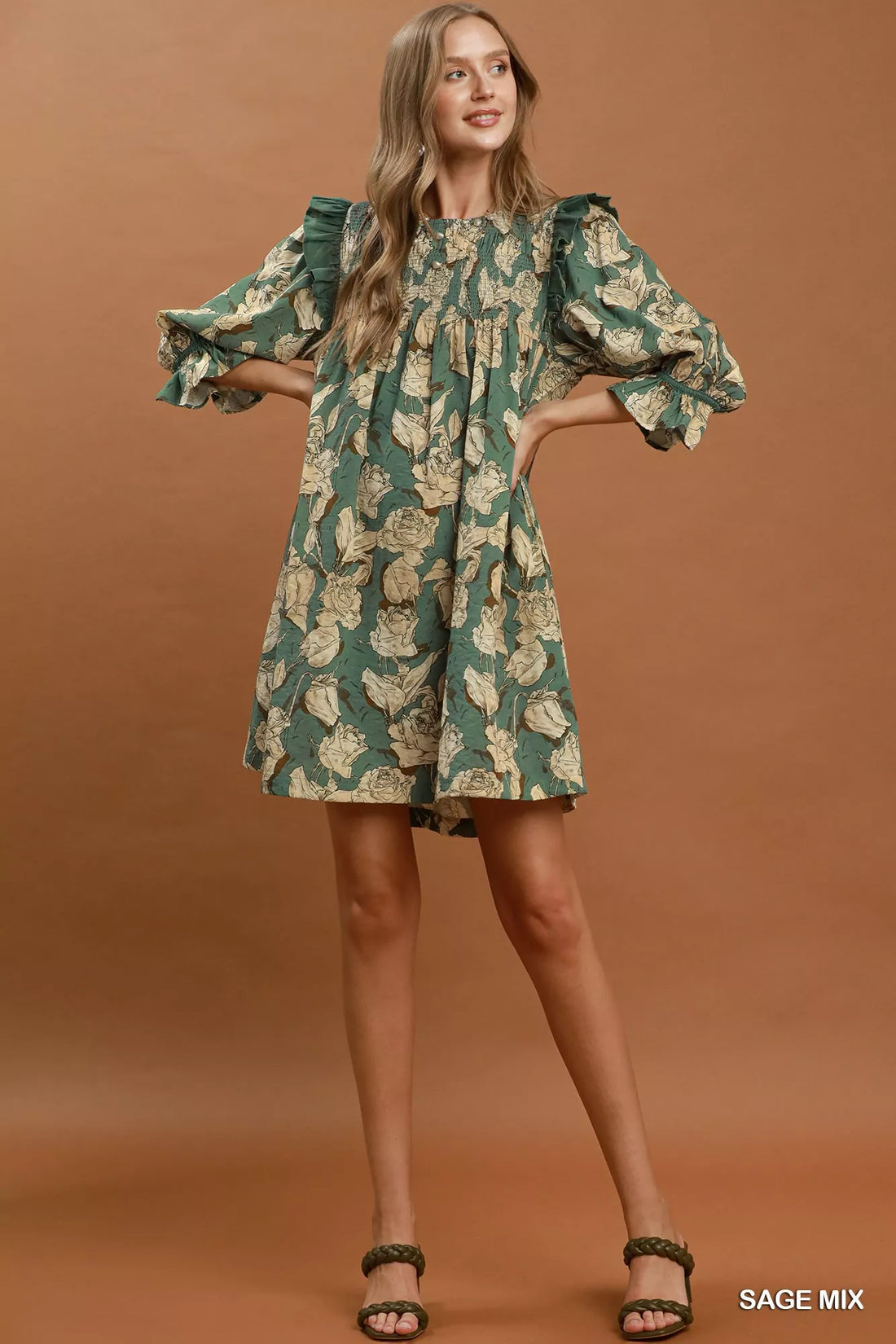 Sage floral smocked ruffle flowy dress with puff sleeves and flared skirt