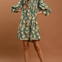 Sage floral smocked ruffle flowy dress with puff sleeves and flared skirt