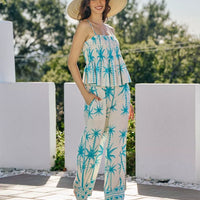 Women’s blue palm-print smocked bodice adjustable cami top with ruffled tiers