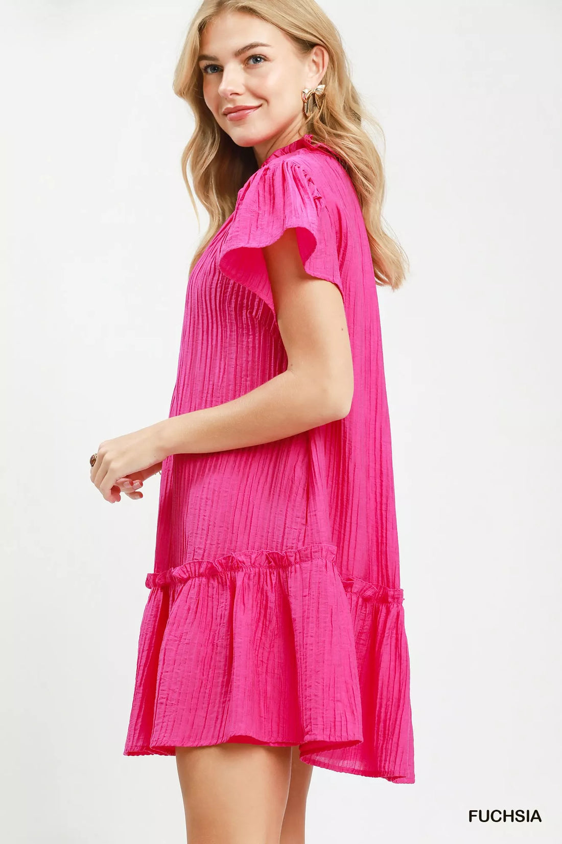 Fuchsia textured mini dress with side-sleeve ruffles and gathered waist skirt