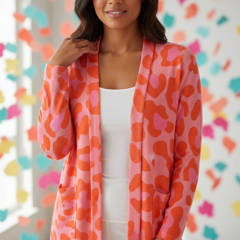 Cardigan Leopard Print | Pink & Orange Ladies Open Front Sweater