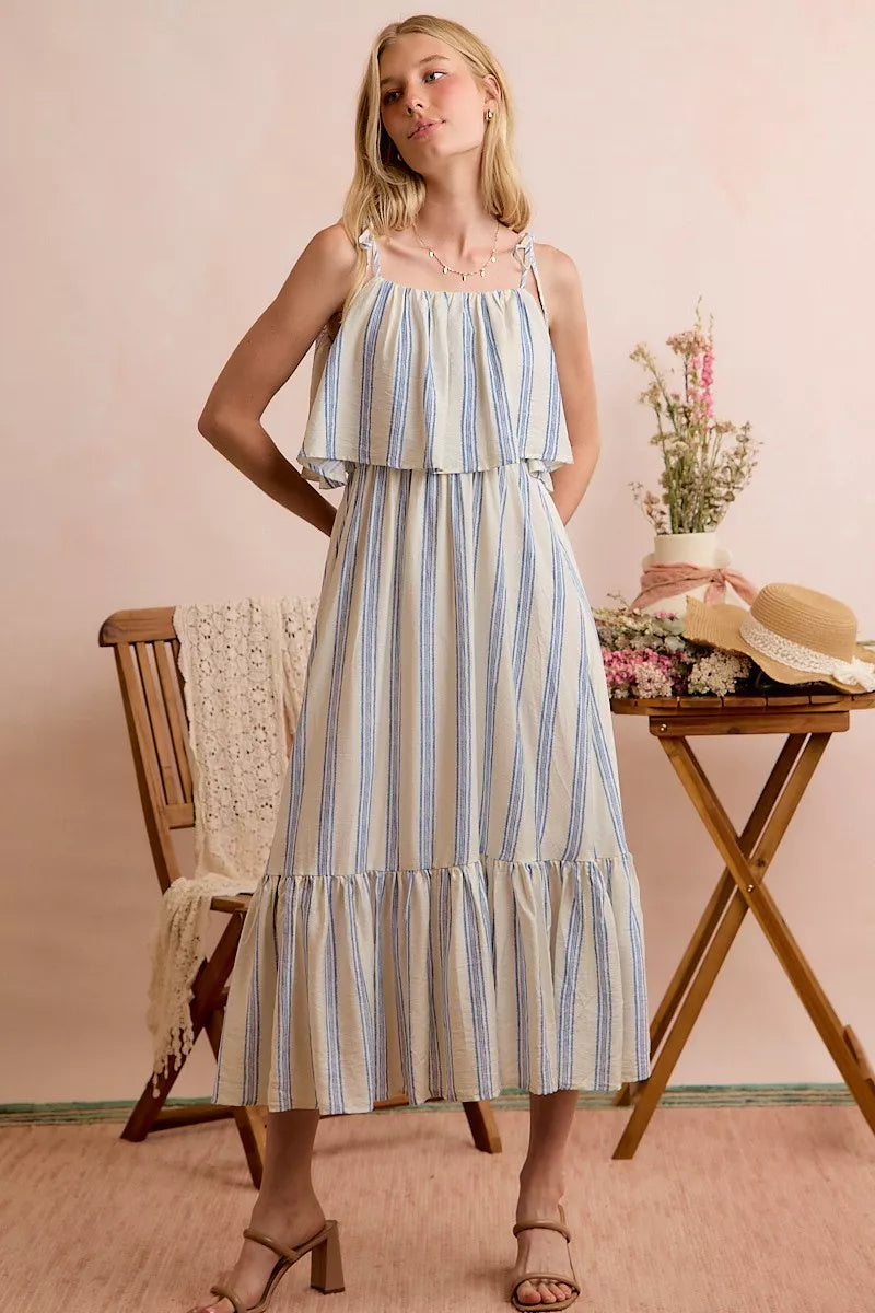 Blue and white vertical striped lined midi dress with tiered ruffle skirt