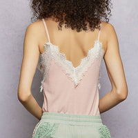 Rose pink ribbed cami back view with lace-trim V-neck and thin spaghetti straps.