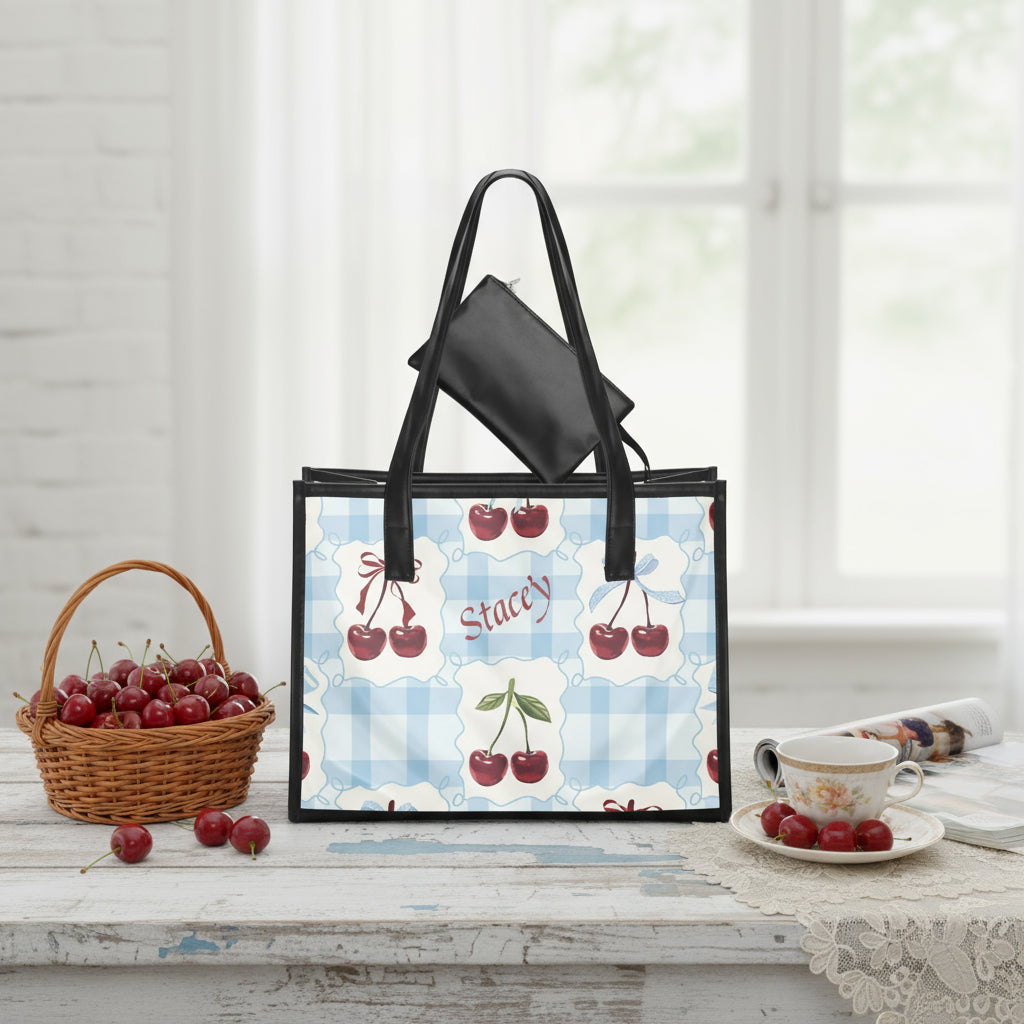 Clear Stadium Bag, Personalized Tote Handbag, Gift for Her, Fun Cherry Gingham Custom PVC