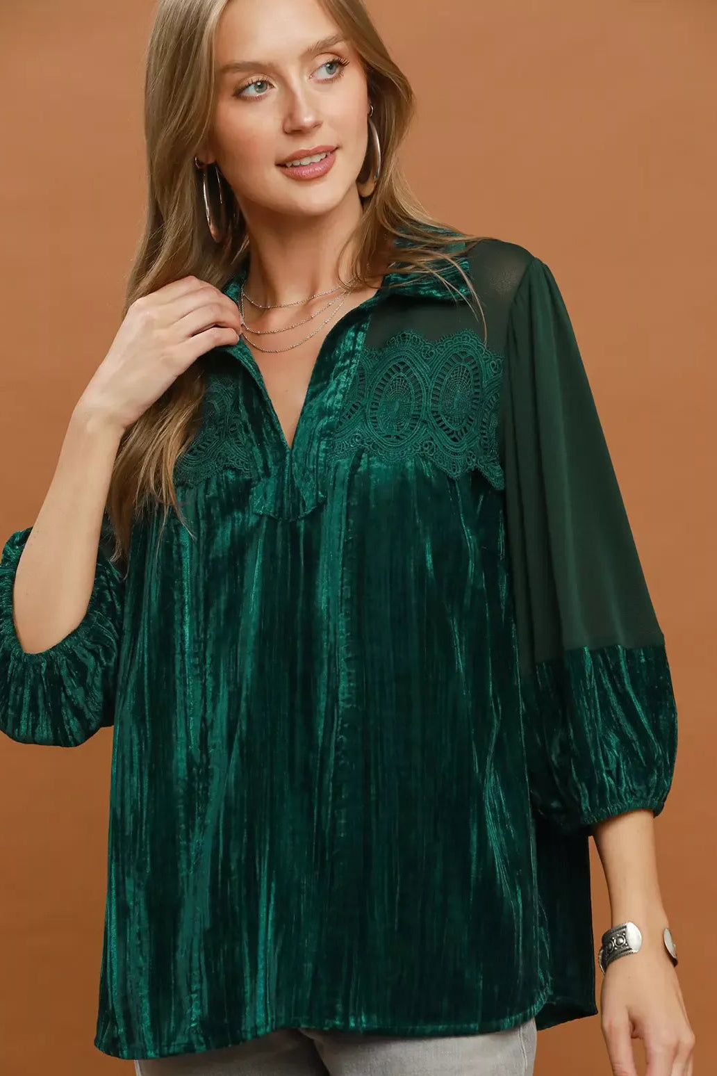 Hunter green velvet blouse with lace yoke and three-quarter sheer sleeves