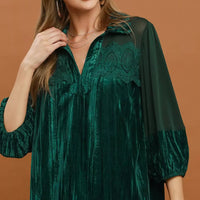Hunter green velvet blouse with lace yoke and three-quarter sheer sleeves