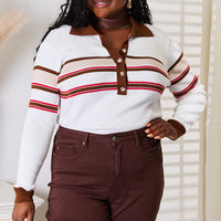 White striped collared rib-knit top with front button placket and ribbed cuffs