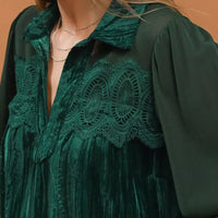 Hunter green velvet blouse with intricate lace yoke and V-neck detail