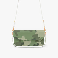 Green camouflage shoulder bag with front flap and white strap, gold hardware accents.