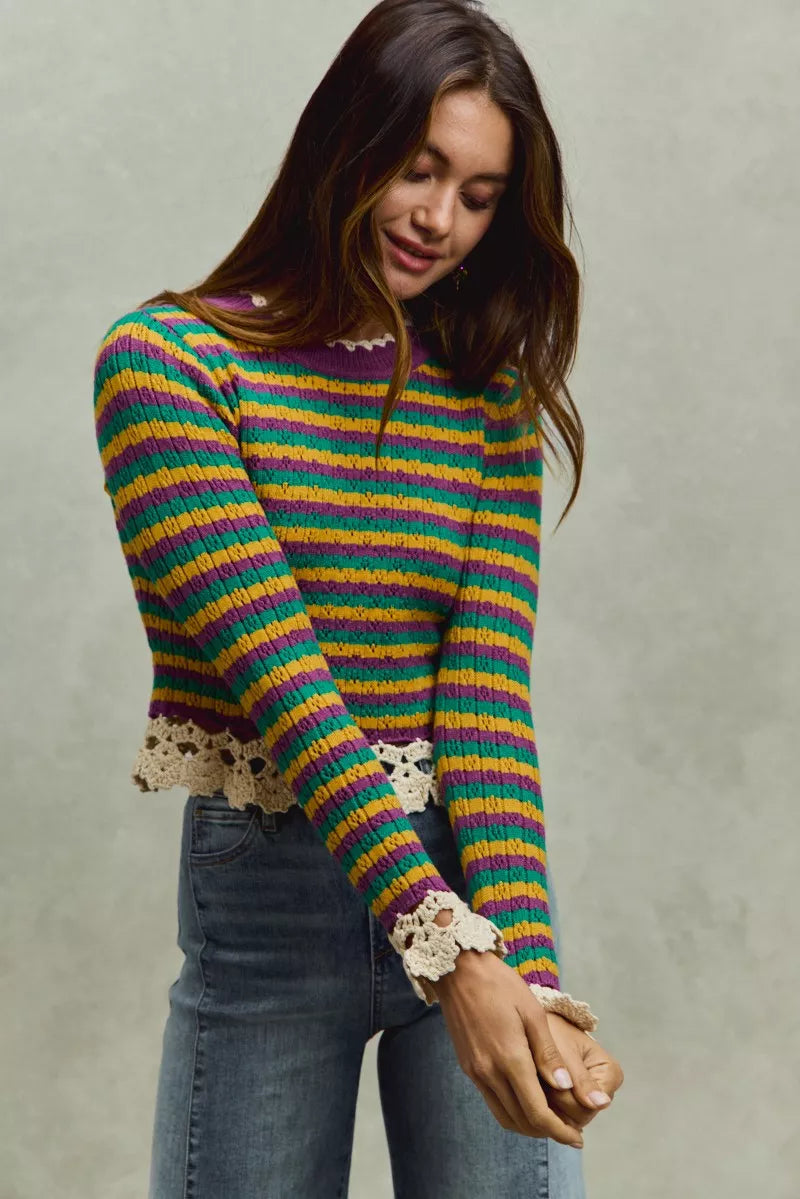 Multicolor striped cropped sweater top with crochet-trim cuffs and scalloped hem