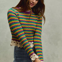 Multicolor striped cropped sweater top with crochet-trim cuffs and scalloped hem