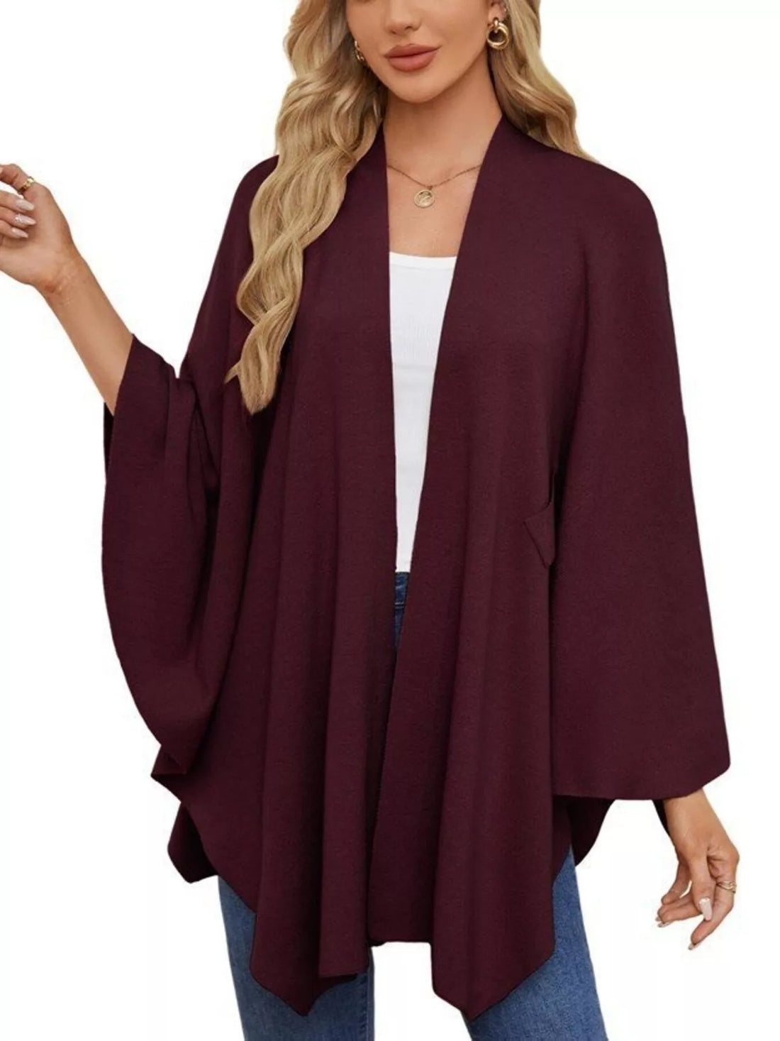 Burgundy cape shawl with open front, long draped sleeves, and front tie knot