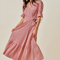 Red and white striped wrap midi dress with puff sleeves and belted waist, tiered skirt
