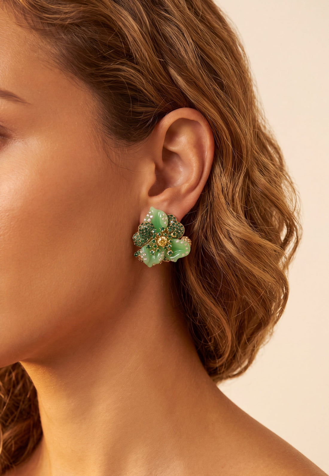 Jade Rose Flower Stud Earrings Gold-1
