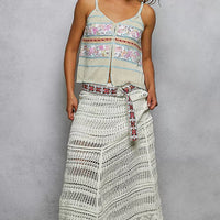 Cream and blue printed cami with V-neck, front buttons, and tassel drawstrings