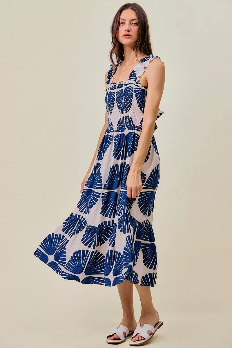 Navy abstract print tiered midi dress, smocked bodice, ruffled straps and lining