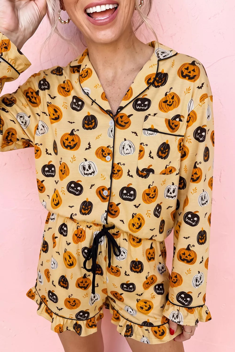 Gold Halloween pumpkin print lounge set, long-sleeve button top with drawstring waist