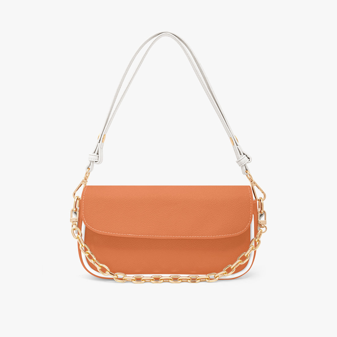Orange shoulder bag with flap top, gold chain accent, and white strap handles