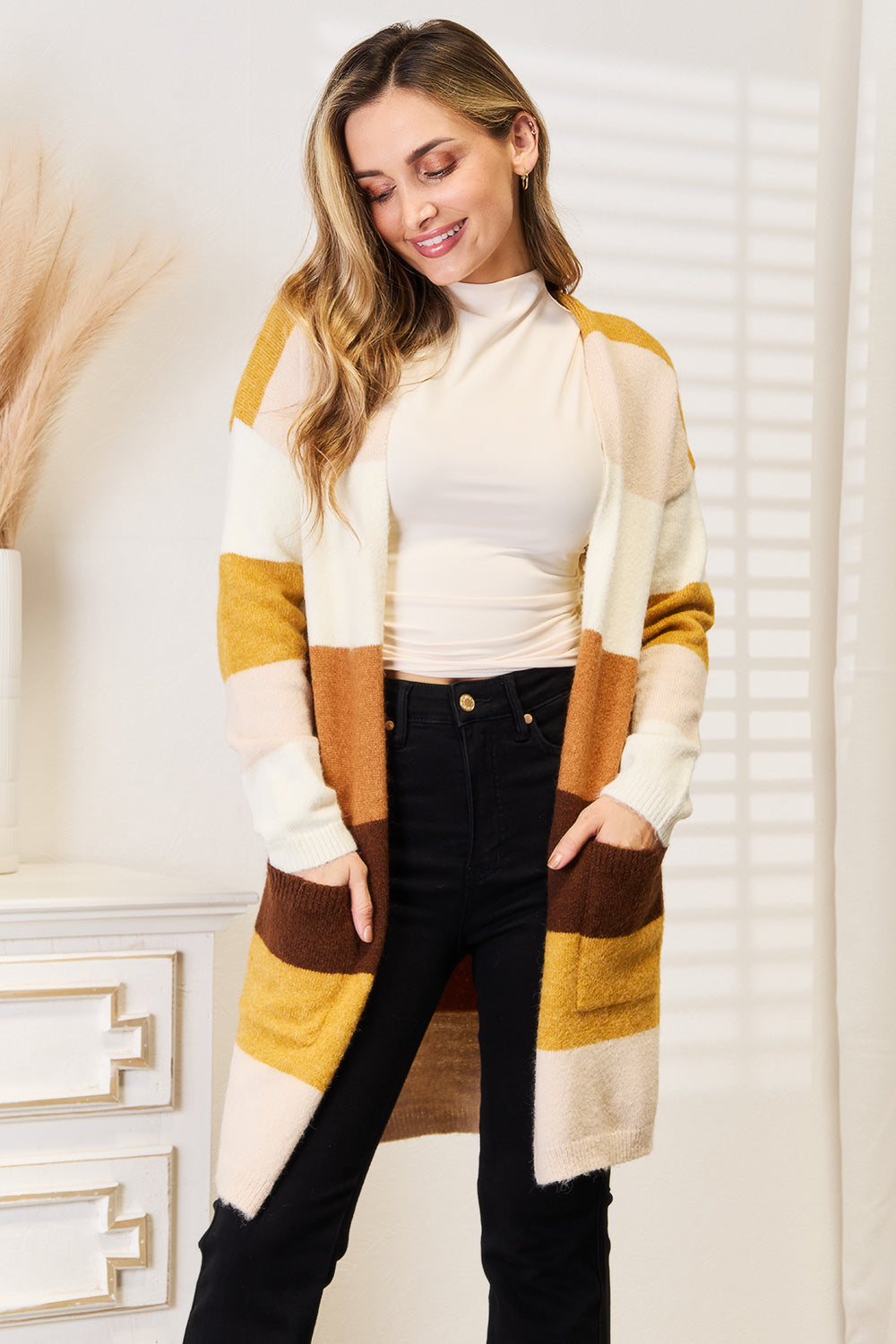 Color-block cardigan with dropped-shoulder long sleeves, cream and brown stripe bands