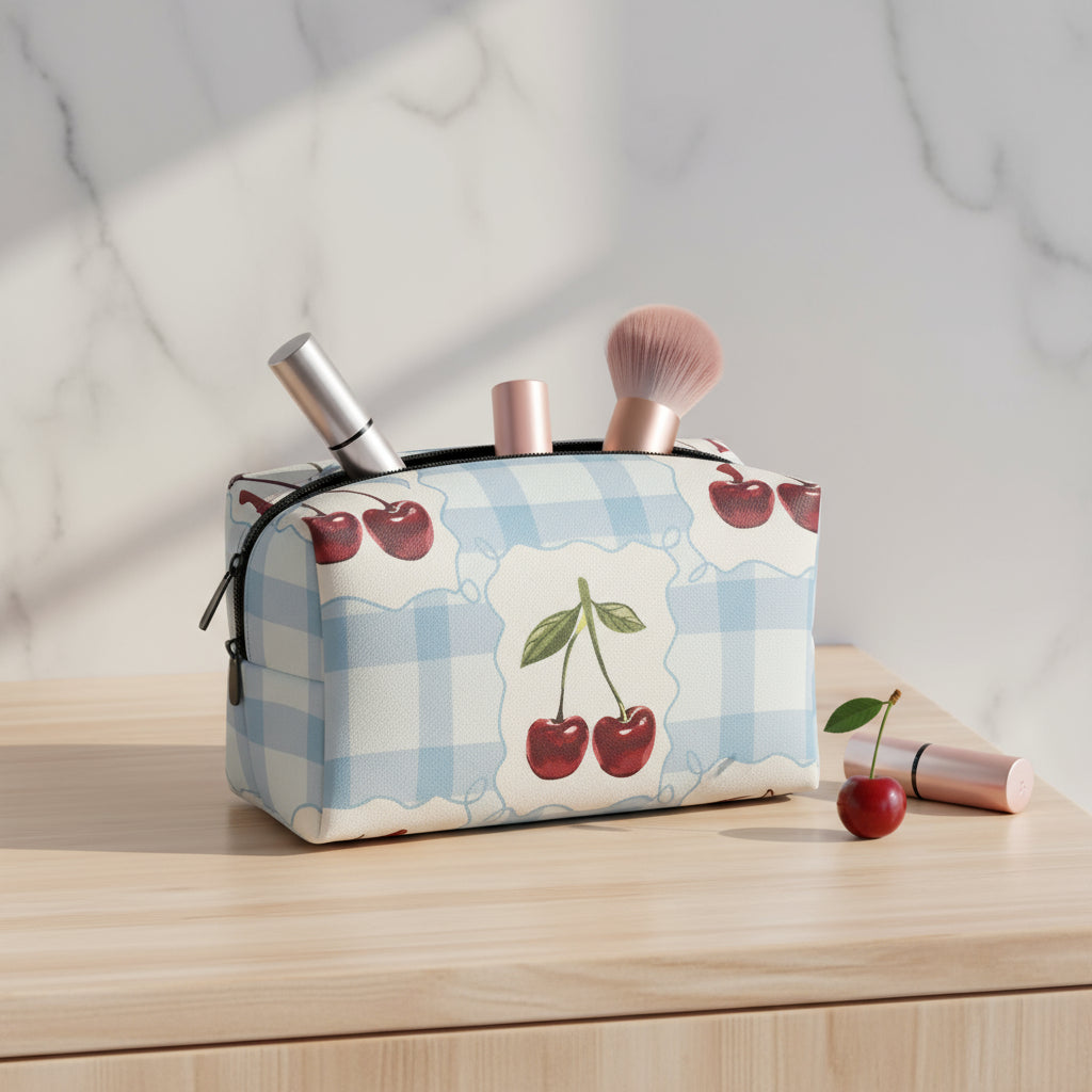 Leather Makeup Bag, Personalized Boxy Custom Blue Cherry Gingham Cosmetic Case, PU Leather Organizer