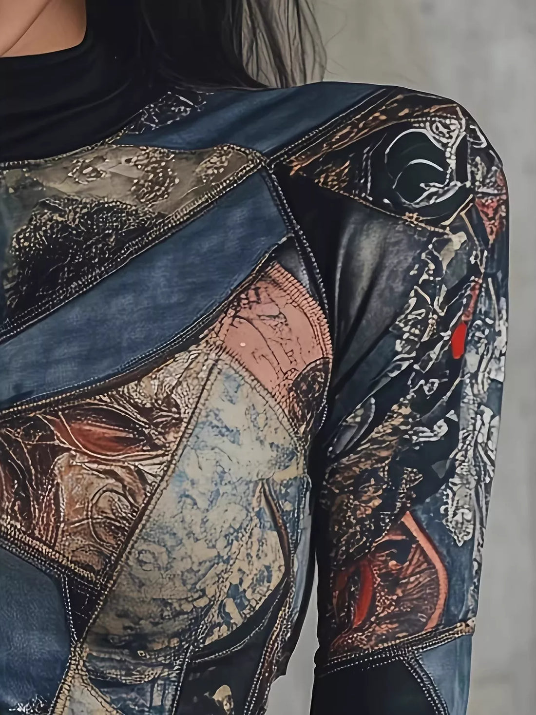 Patchwork printed mock neck T-shirt, close-up of long-sleeve patchwork graphics