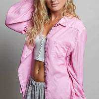 Candy pink washed textured cotton western button-front shirt, long sleeves