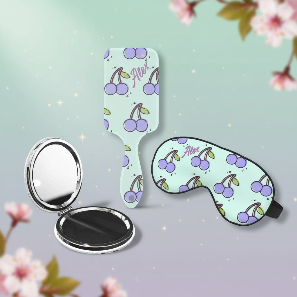 Personalized Beauty Gift Set | Mint Green & Purple Cherry 3 Piece Kit